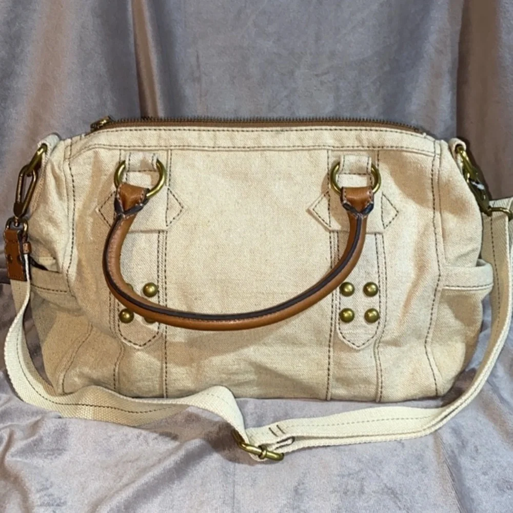 FOSSIL Grayson Beige Canvas Fabric Satchel & Fossil Popstich vintage Wallet 🆕